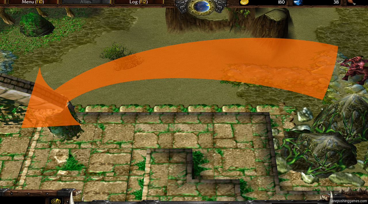 An arrow demonstrates just how close the corner camps are to each team's base. It's about 5 seconds of walking