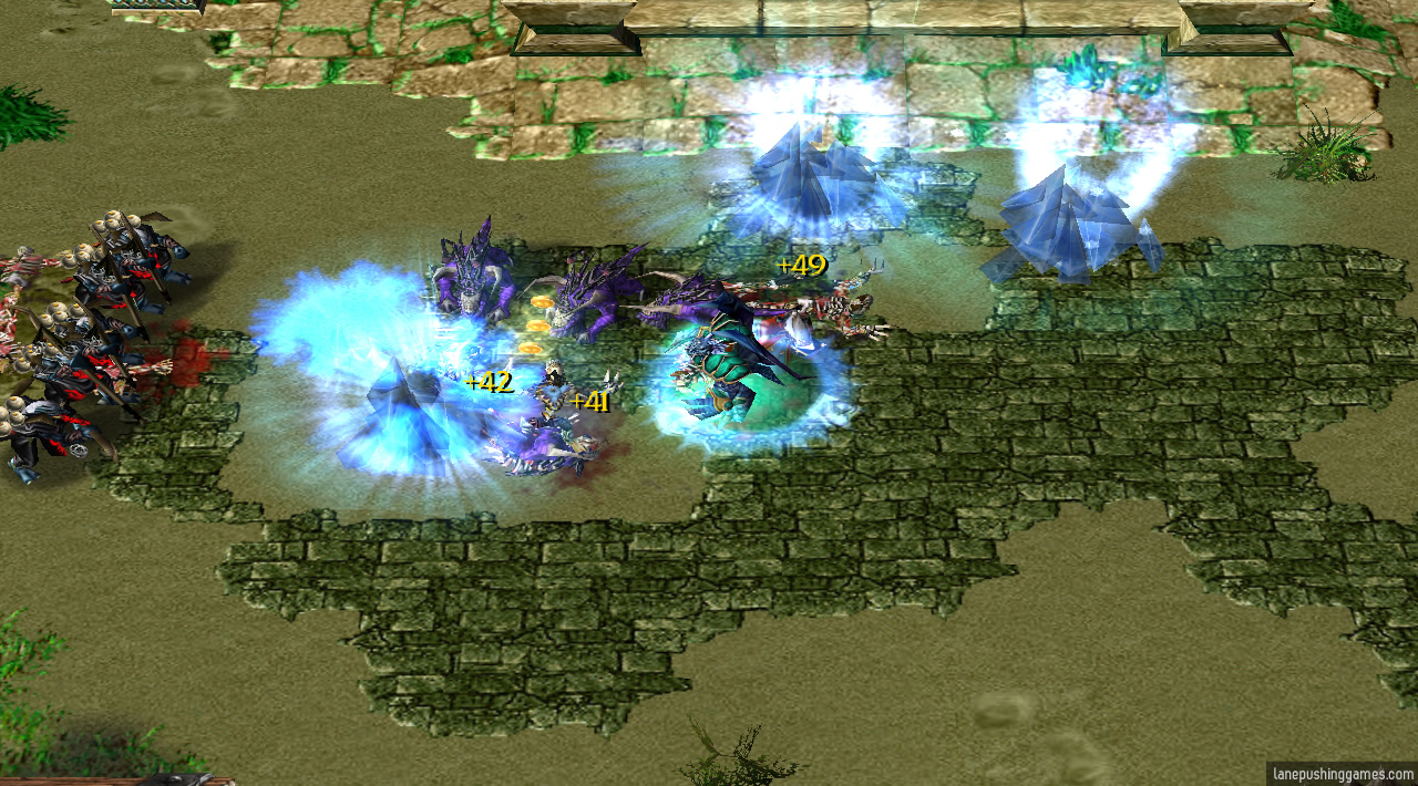 A dragon hero is surrounded by icy explosions that get last hits on nearby enemy troops