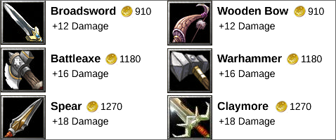 Pairs of weapons are listed, each costing equal gold and giving equal benefit