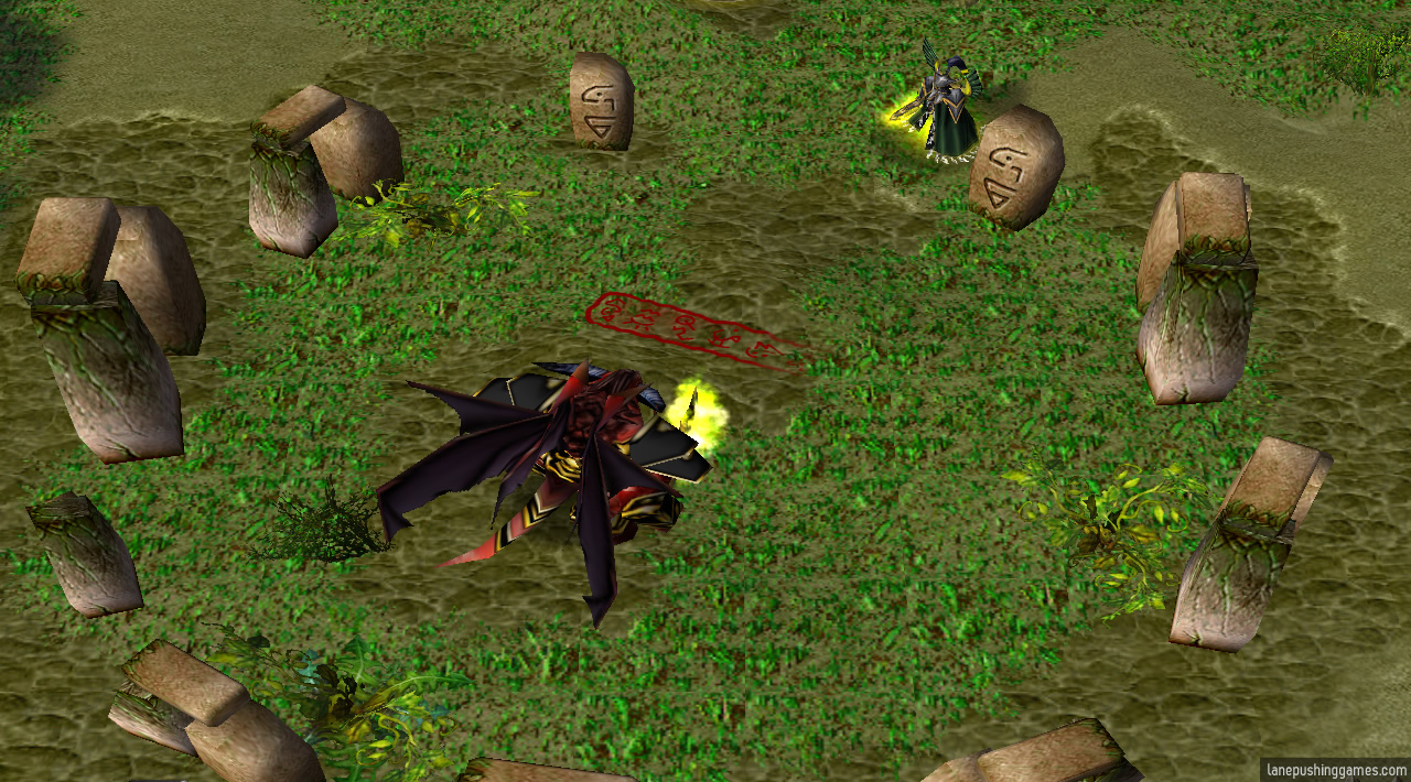 A large demon sits in a circle of standing stones, while a hero waits outside