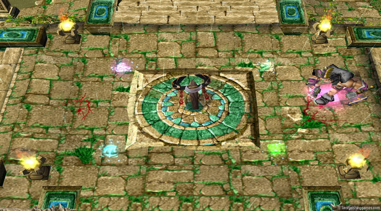 A hero walks towards a flag, standing prominently on a platform in the middle of the map