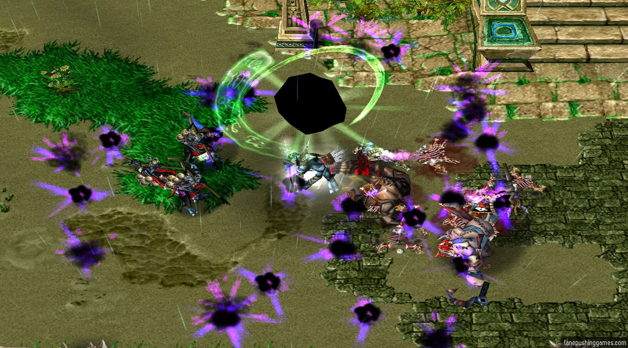An enormous black orb spawns purple sparks in a large area around it while a hero channels