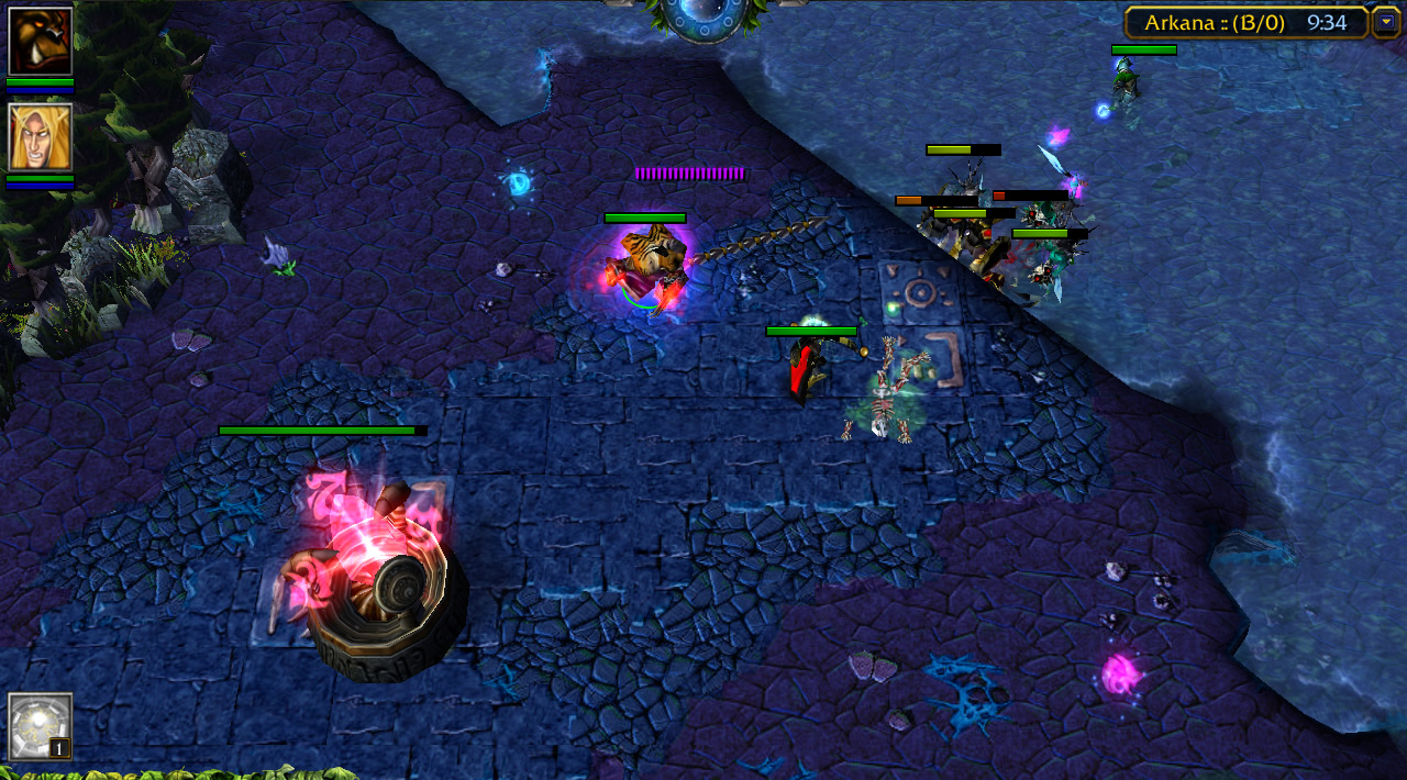 A familiar layout for a mid lane with a river running through it, but the colour scheme is pinks, purples, and dark blues