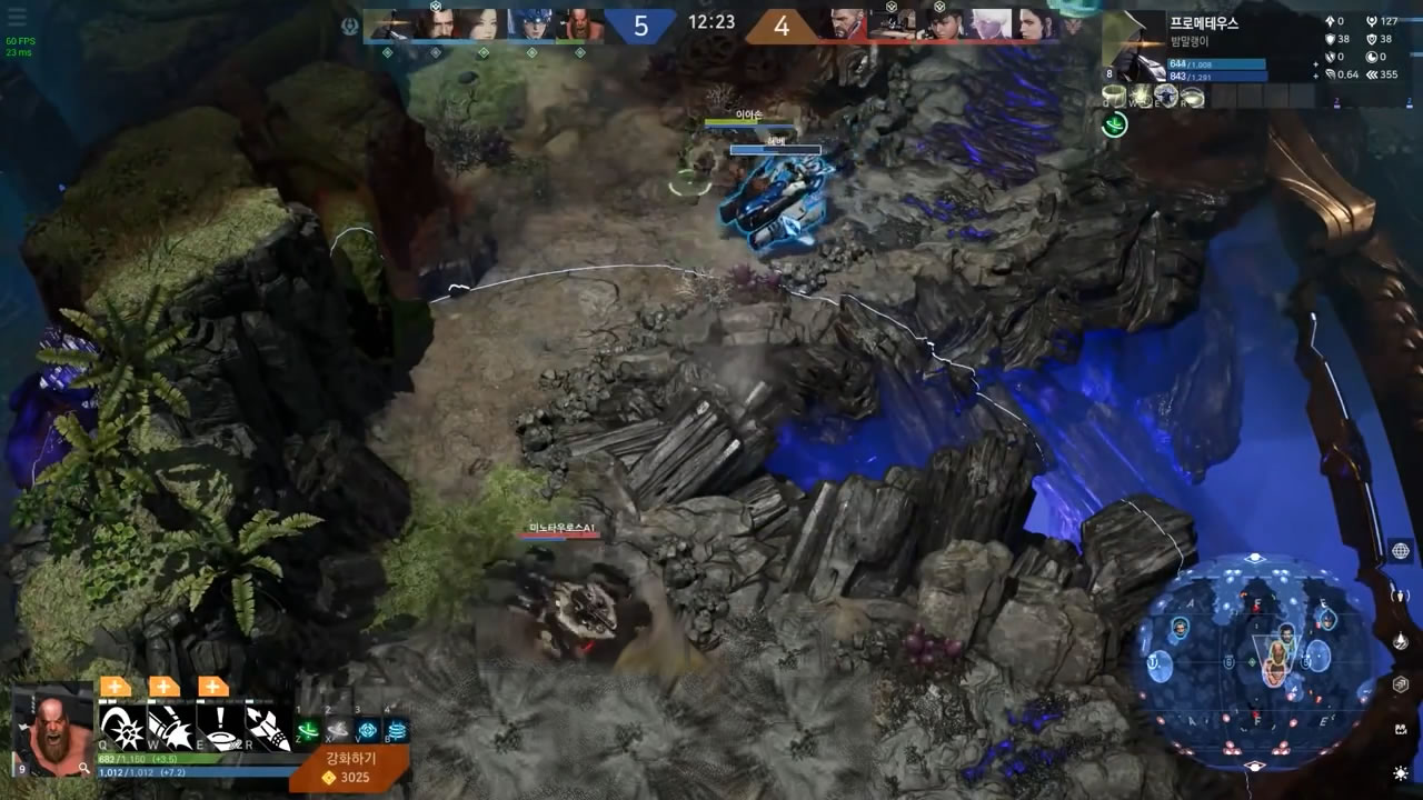Heroes skirmish at a narrow choke point between some cliffs and a bottomless pit