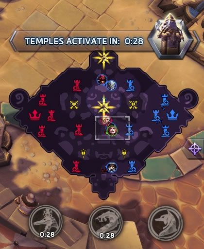 The minimap in Heroes of the Storm, showing a warning that Temples activate in 0:28