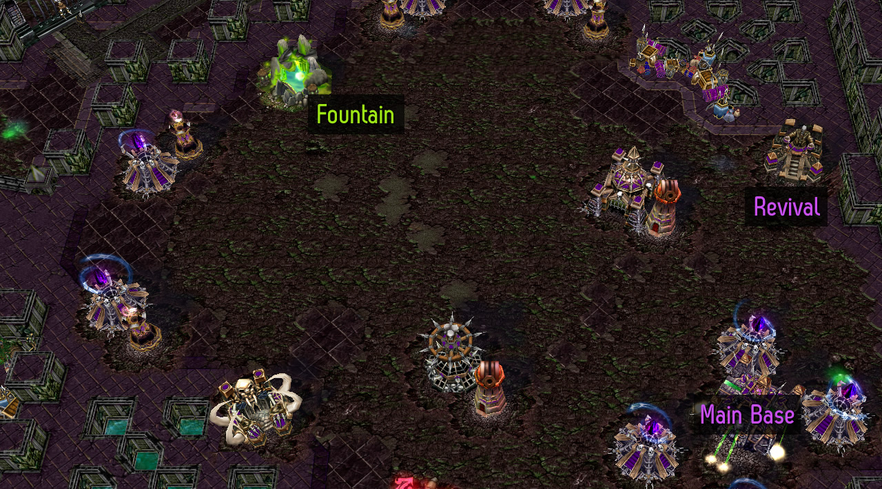 Depicts one team's base. The fountain is between the two mid lane entrances, not hidden in a back corner!