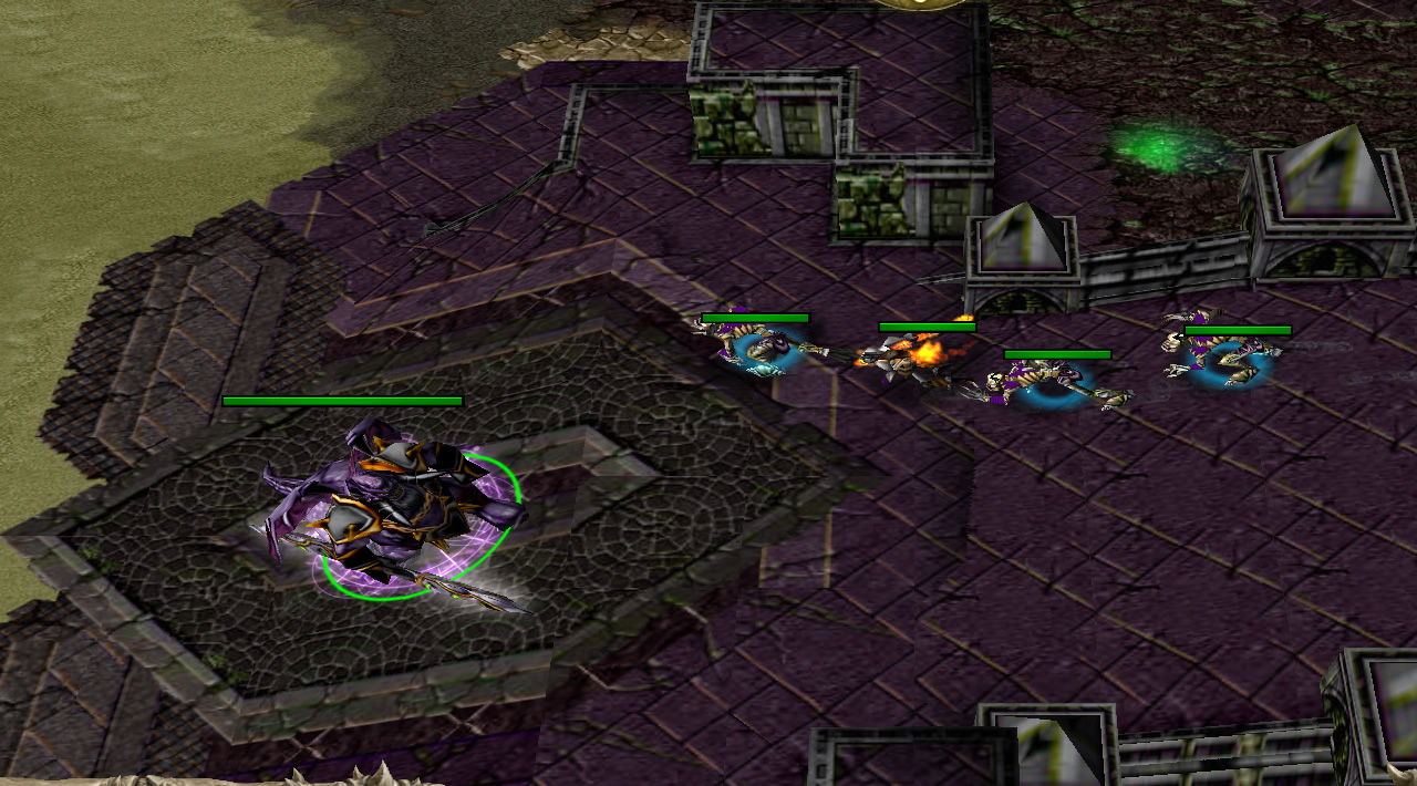 A hero walks towards their base, with a purple circle beneath them