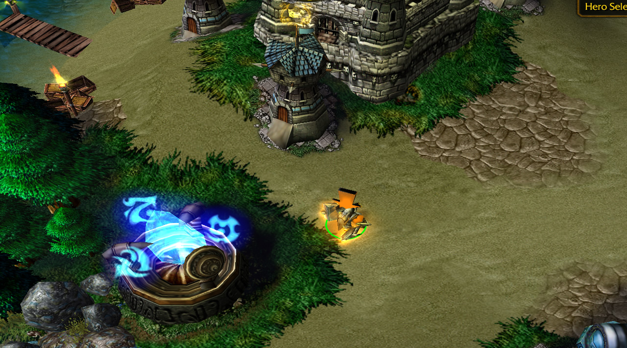A mountain king hero stands beside some friendly buildings