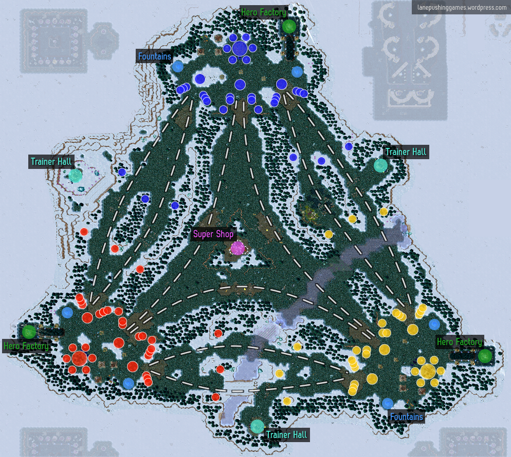 Overview of the battlefield. It is a triangle shape, with bases in each corner