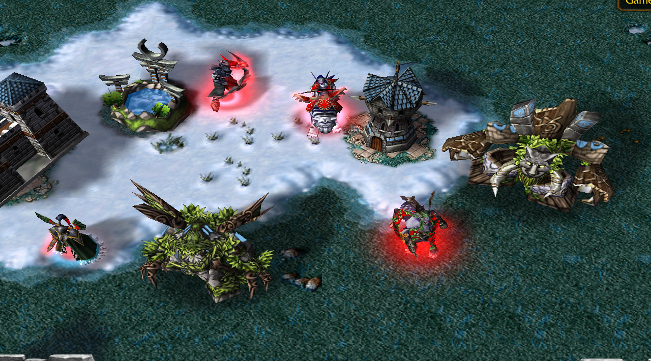 The four classic Night Elf heroes are shown in a base, alongside Night Elf buildings which have appeared