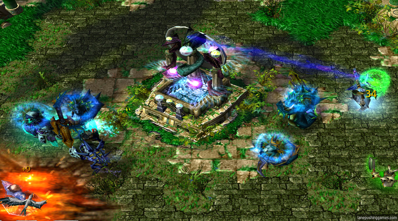 A tall naga-themed building is in the middle of an open area, with a nearby hero channelling towards it represented by a beam