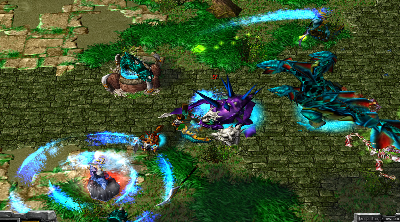 Two giant naga creatures are about to start attacking a tower building, while a hero with a watery spell active tries to fend them off