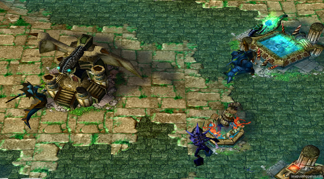 Three barracks buildings are in view, each different in appearance. A different troops has just spawned from each one