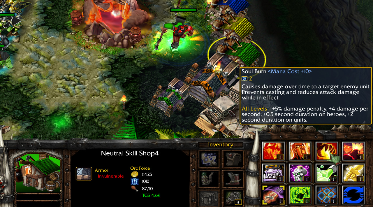 A hero selects abilities from one of the many colour-coded shops in their base
