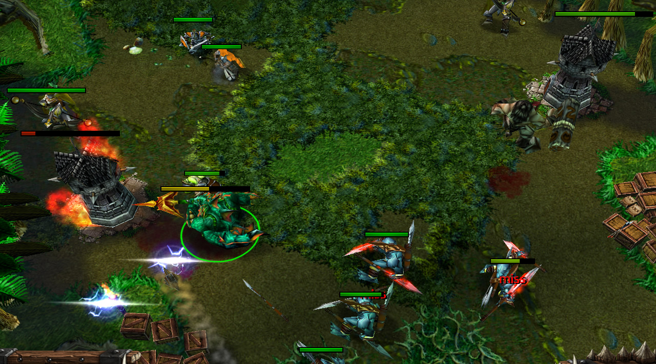 A naga hero leads a line of troll berserkers to attack an enemy tower