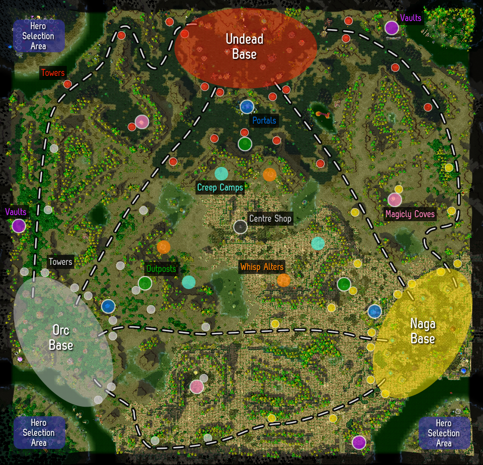 Overview of the battlefield. Three bases are connected by an inner and outer triangle of lanes