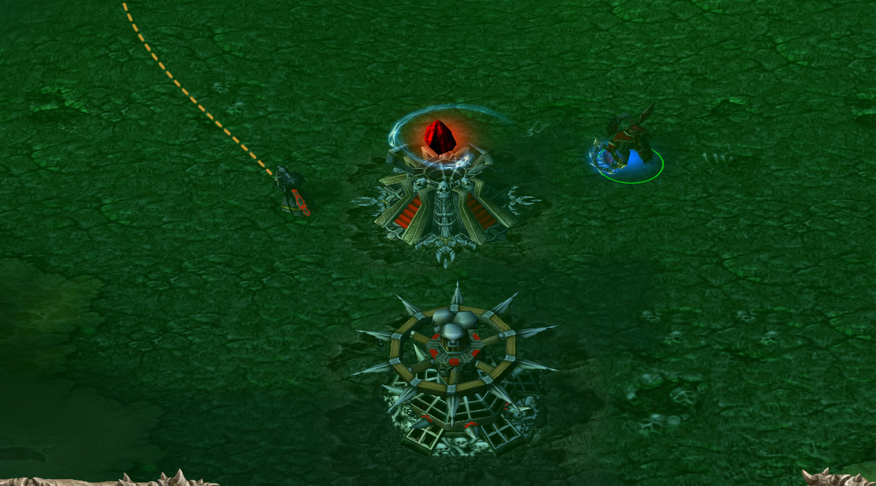 A dotted line shows the path an acolyte is taking away from a building that it has just visited