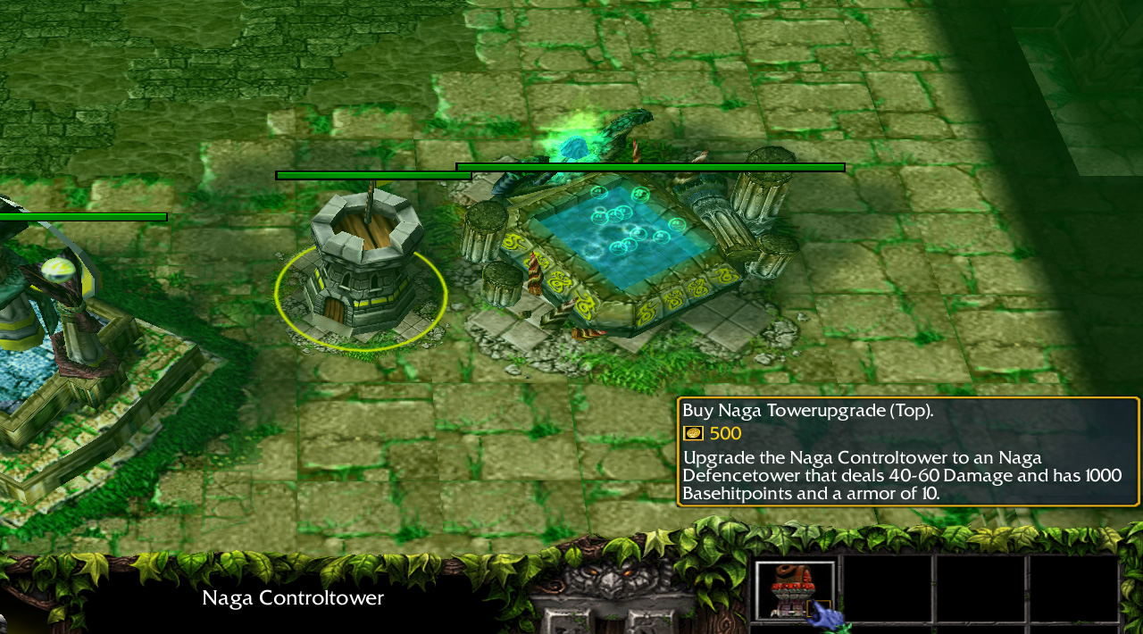 A small stone tower is placed beside some naga-themed buildings. A tooltip describes being able to upgrade the tower