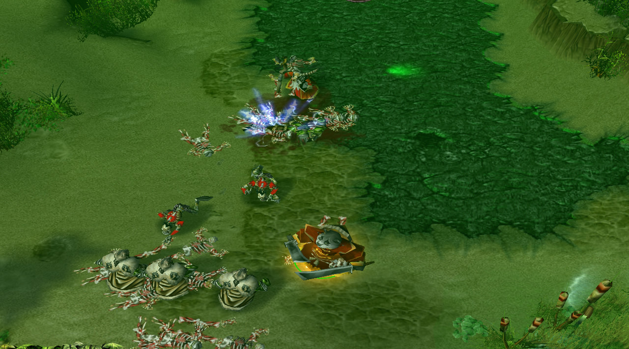 A fire panda hero watches out for last-hits on-lane, while undead and orc troops clash with each-other