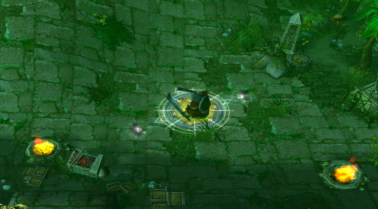 A hero stands on a magic circle at one alter, where two whisps gently circle