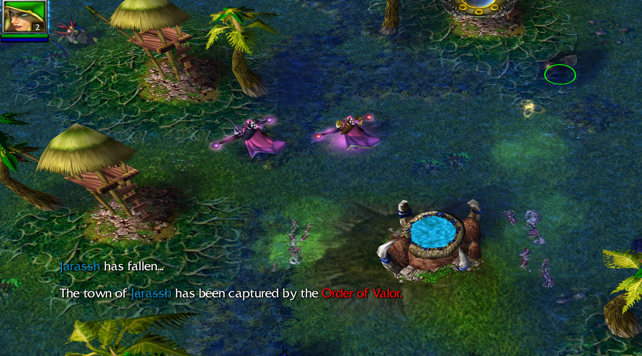 An archer hero stands in a murloc-themed town, with a tower and some huts visible
