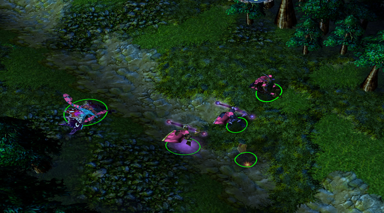 An archer hero and four units sharing the same team colour walk along a forest path at night