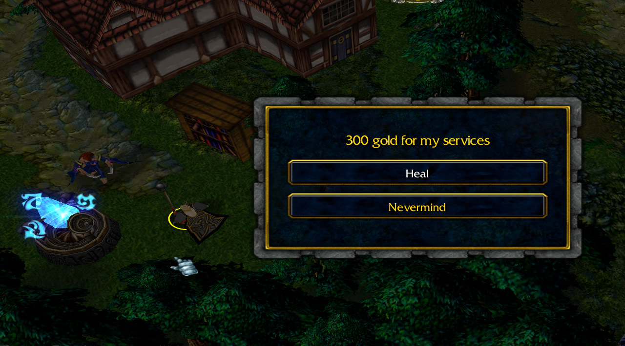 A dialogue menu reads: "300 gold for my services" [Heal] [Nevermind]