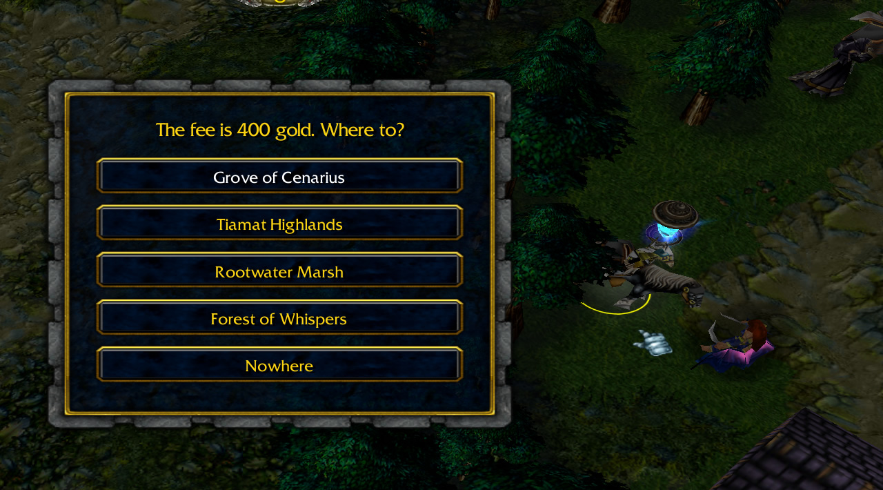 Another dialogue menu reads: "The fee is 400 gold. Where to?" [Grove of Cenarius] [Tiamat Highlands] [Rootwater Marsh] [Forest of Whispers] [Nowhere]