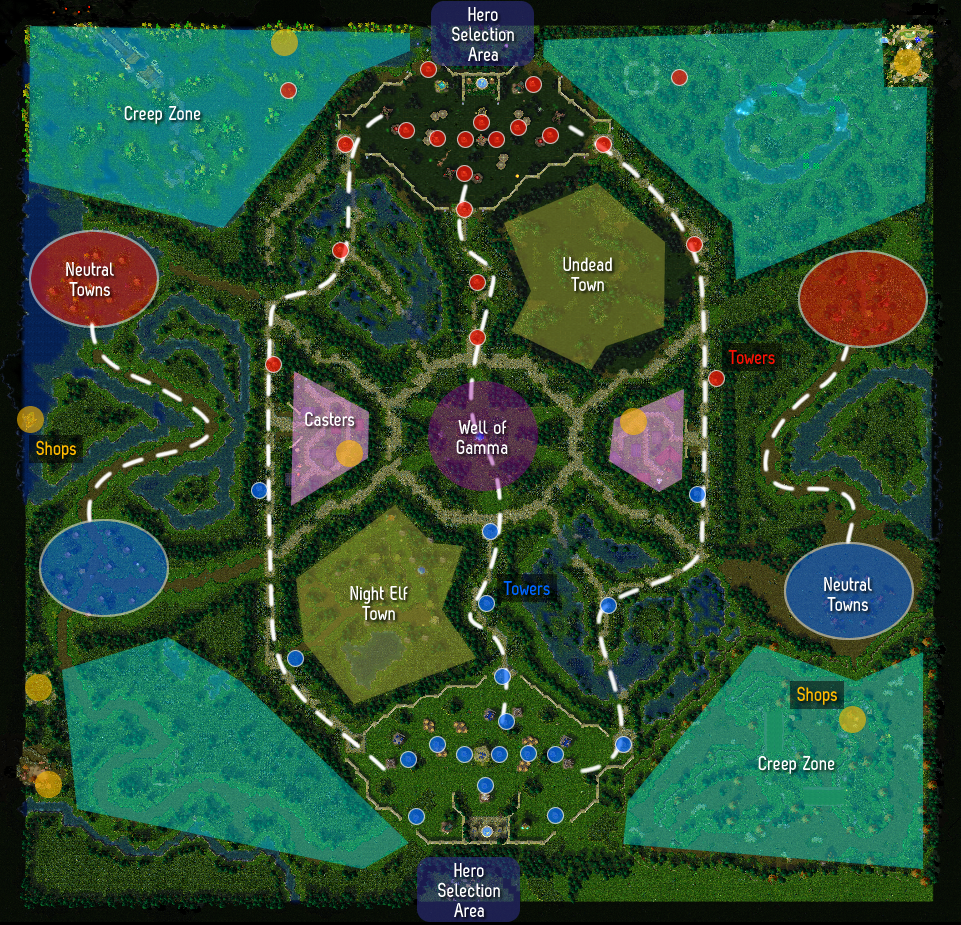 Overview of the battlefield. As well as main bases, several zones are marked as 'towns'