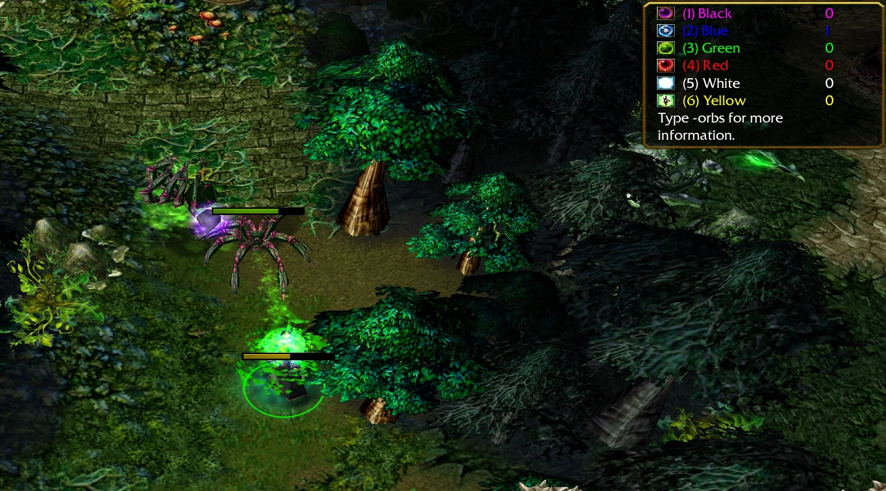 A hero fights some spiders in the jungle. A purple orb shard lies on the ground near a dead spider