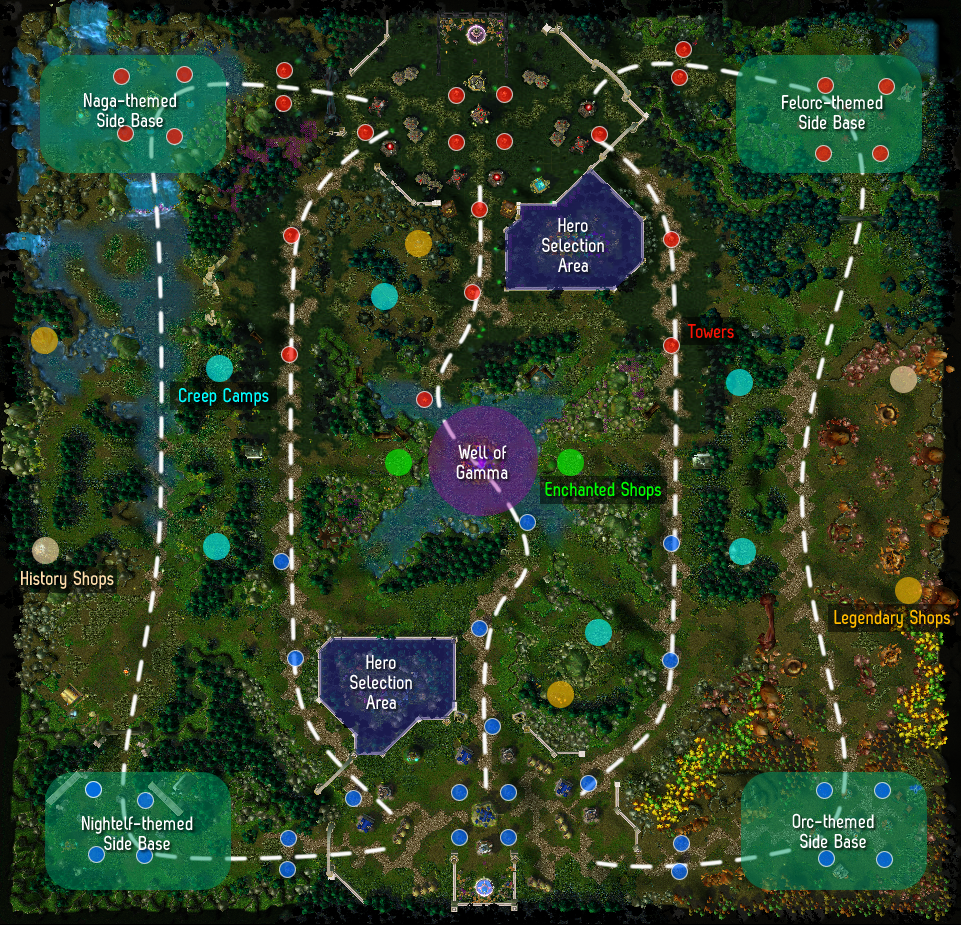 Overview of the battlefield. There are now only four towns, and there's much less space between the lanes