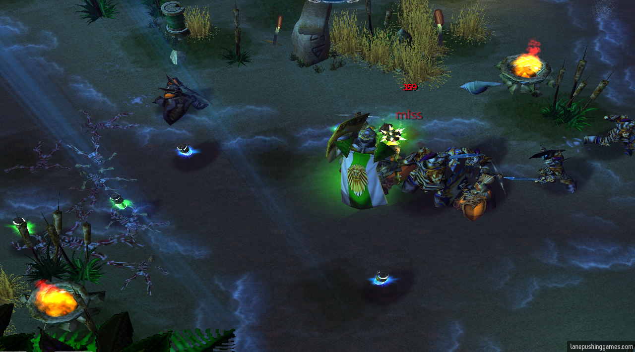 A hero fights on-lane, with several potions scattered about