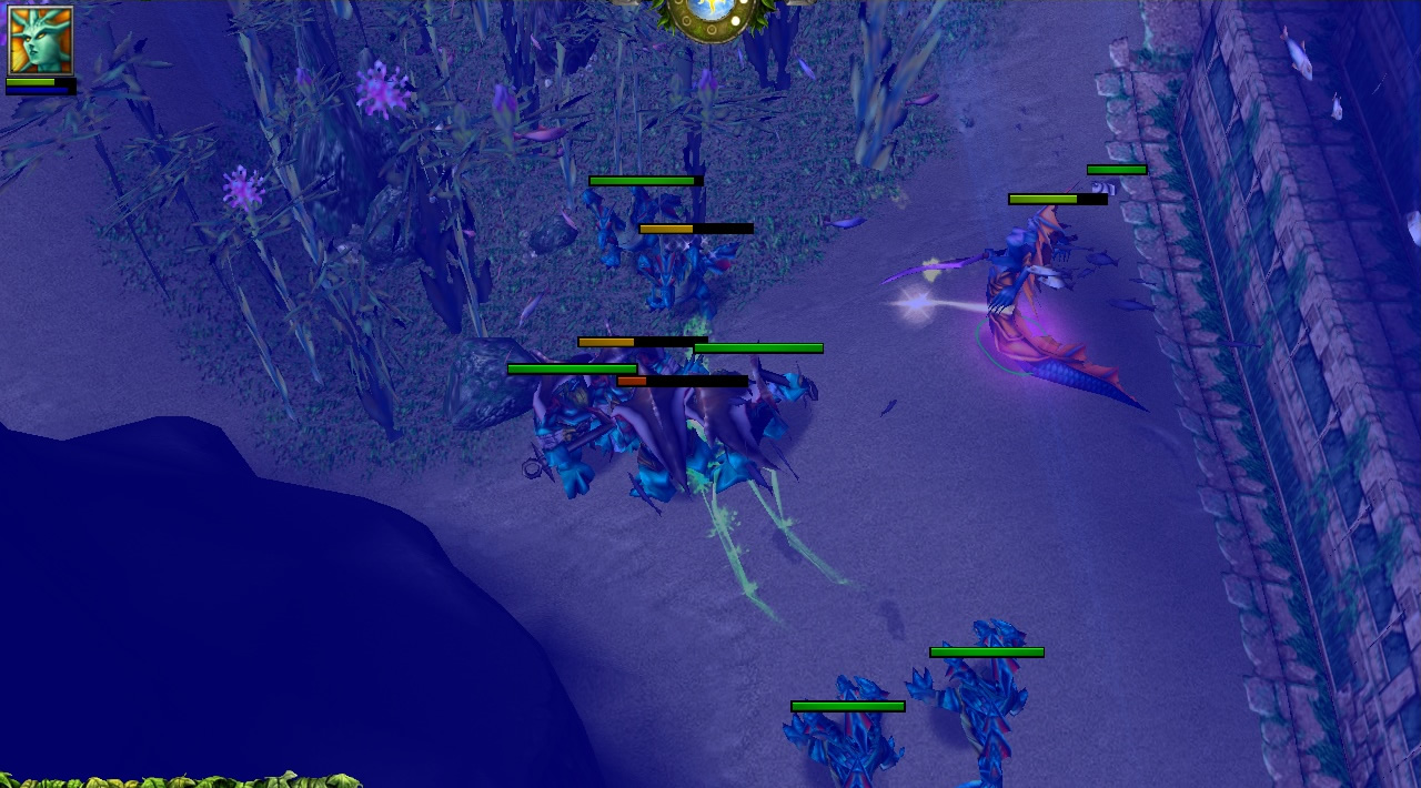 A similar selection of creatures fight on the sea floor, surrounded by seaweed and with a blue tint
