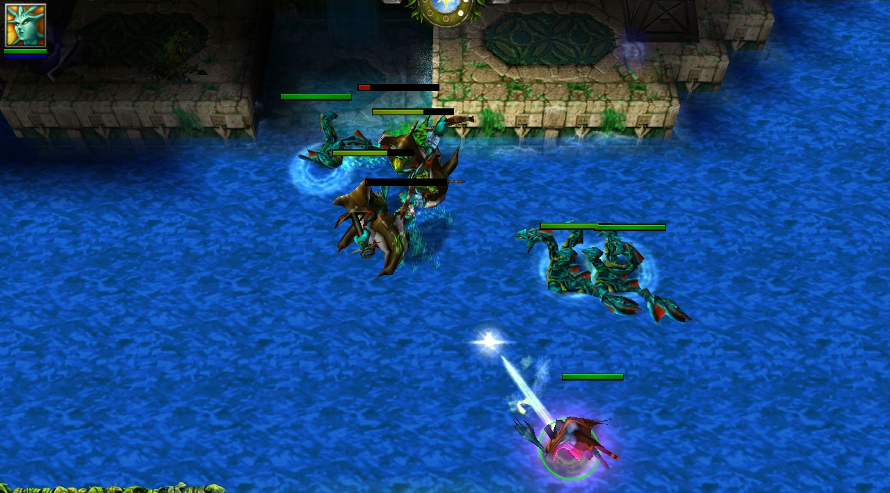 Various seafaring beasts attack each-other near a partly submerged temple on the surface