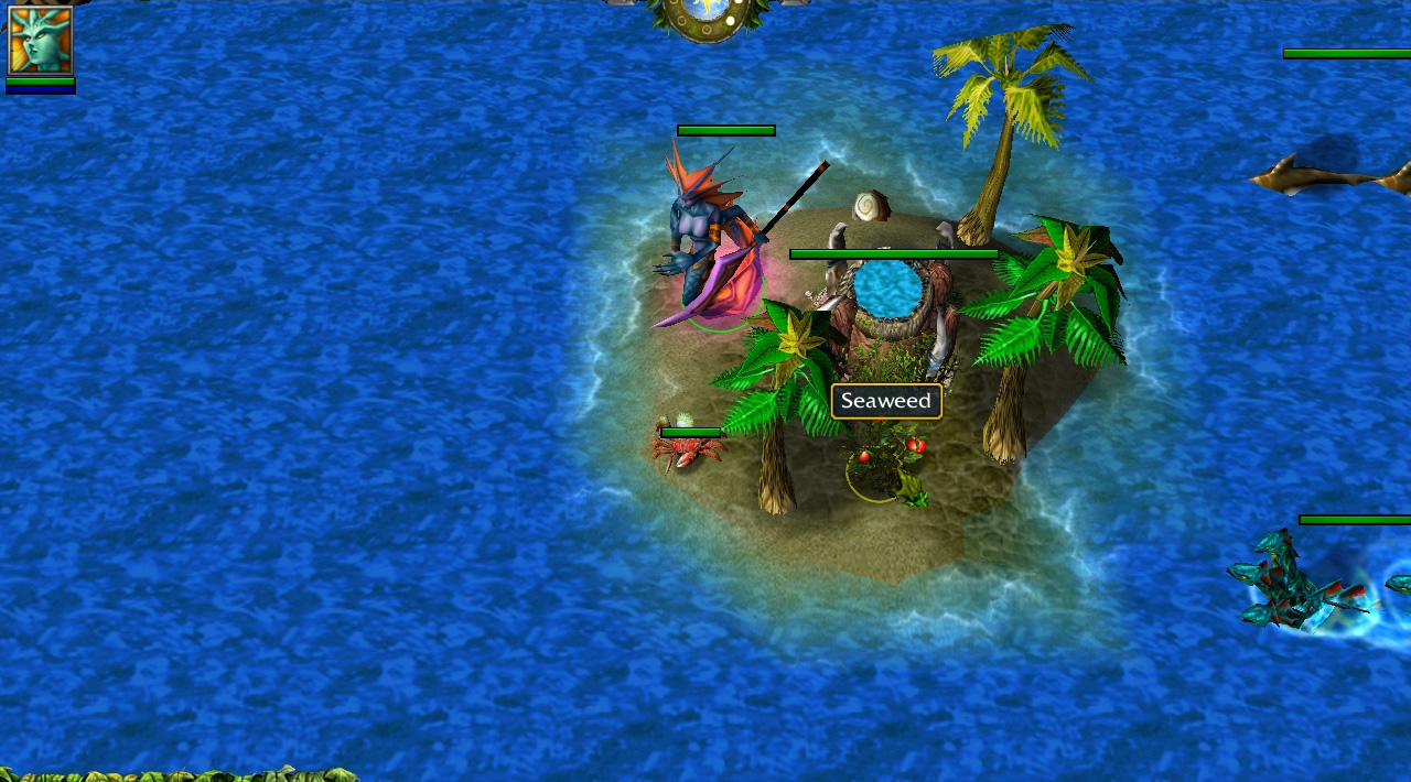 A tiny island has a friendly tower on it, and a couple of tropical trees. The mouse hovers over a small seaweed model, which highlights as an interactable item