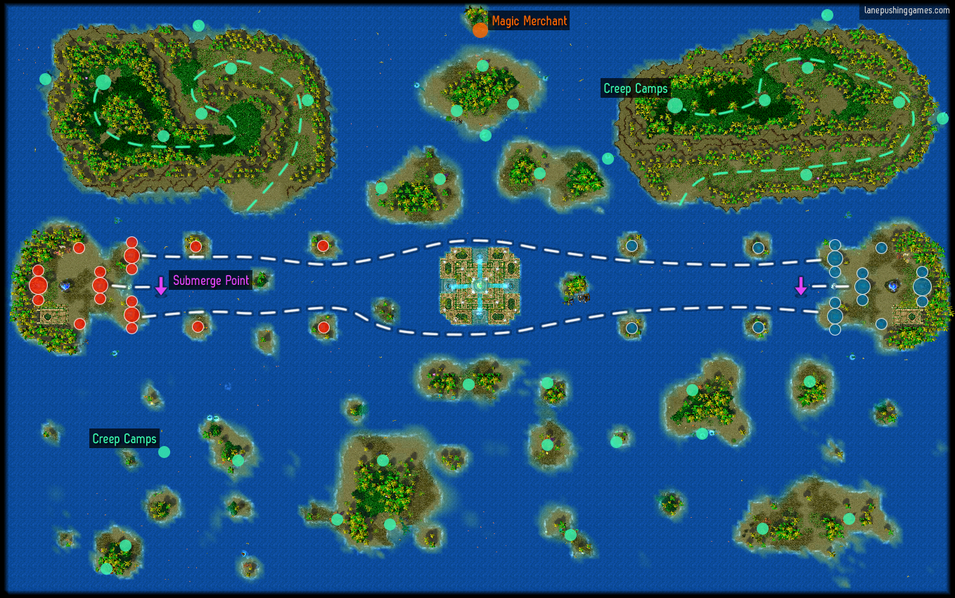 Overview of the battlefied. A number of small islands are dotted around what is mostly a blue ocean