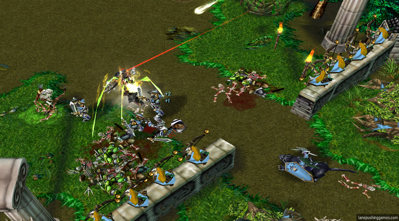 Eight archers standing atop narrow walls rain down fiery arrows at enemies who try to approach their base. They're backed up by stationary towers and troops as well