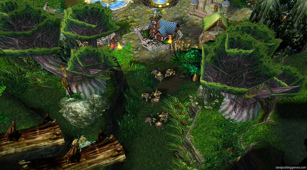 A trio of Goblin Sappers shuffle into one of the main bases, through a small gap in the back wall of the base which is lined by trees