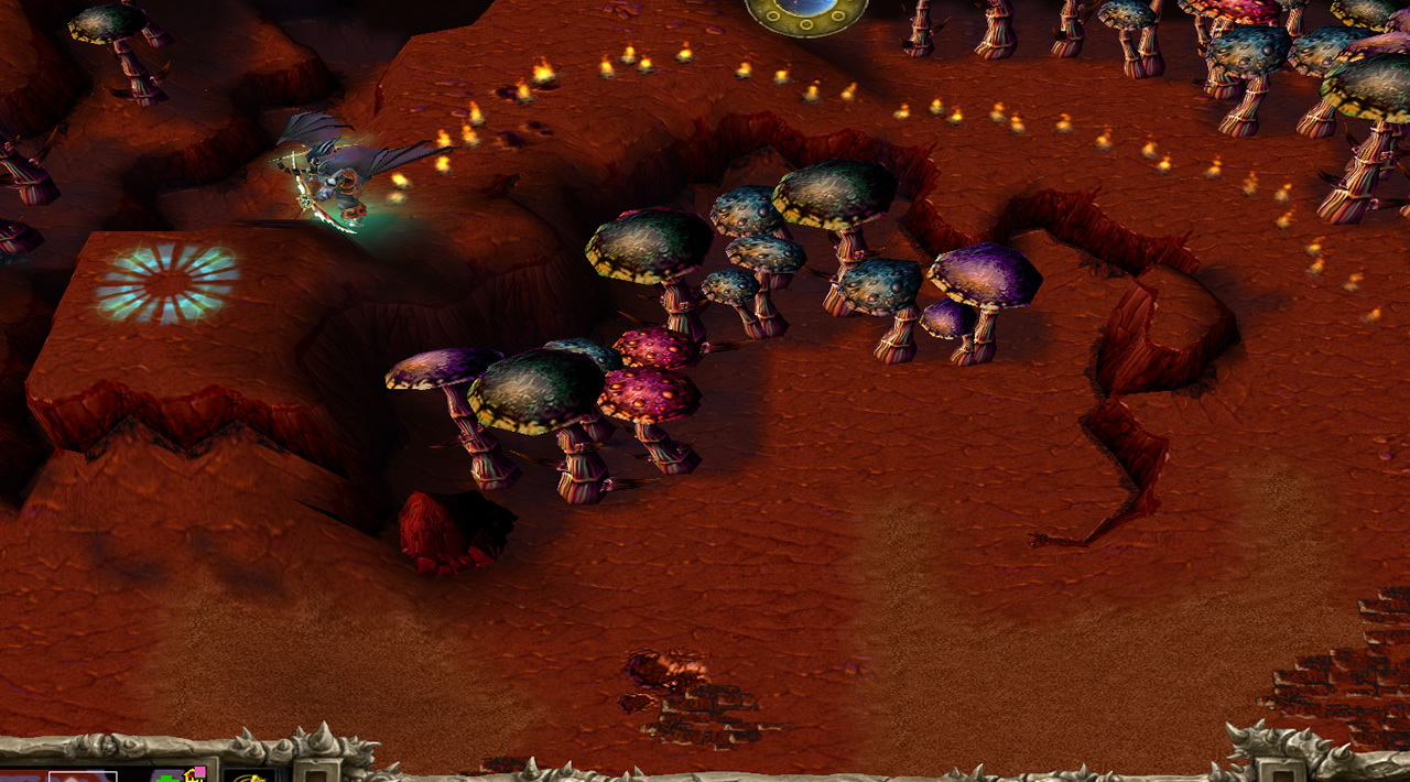 Hero walking along a cliff above the top lane base entrance, towards a conspicuous glowing circle