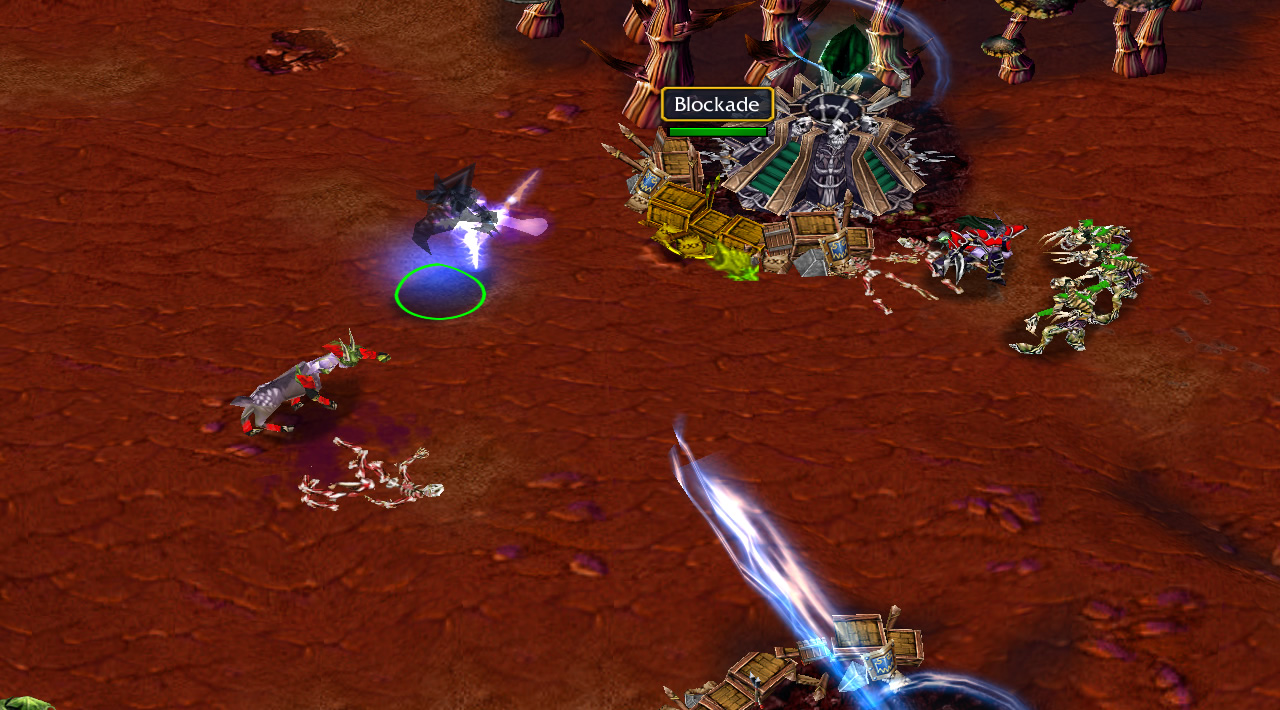 A hero attacks one of the barricades in front of a Scourge tower, which an Elf troop has run past