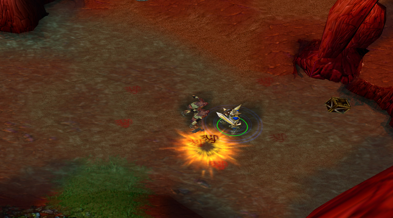 A knightly hero uses a rune spell on some draenei in the river.