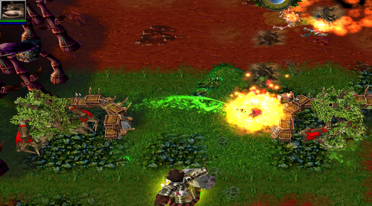 Two towers with different attack projectiles: one fiery and one poisonous