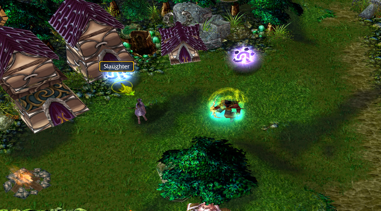 A hero is in a night elf village area, with the cursor over one of several glowing runes that can be picked up. This one reads 'Slaughter'.