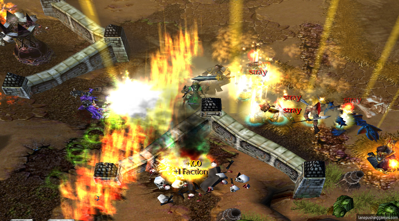The text '+1 Faction' appears as a tower explodes, surrounded by fire and beams of light as the Hallowed Order push past the walls into an enemy base