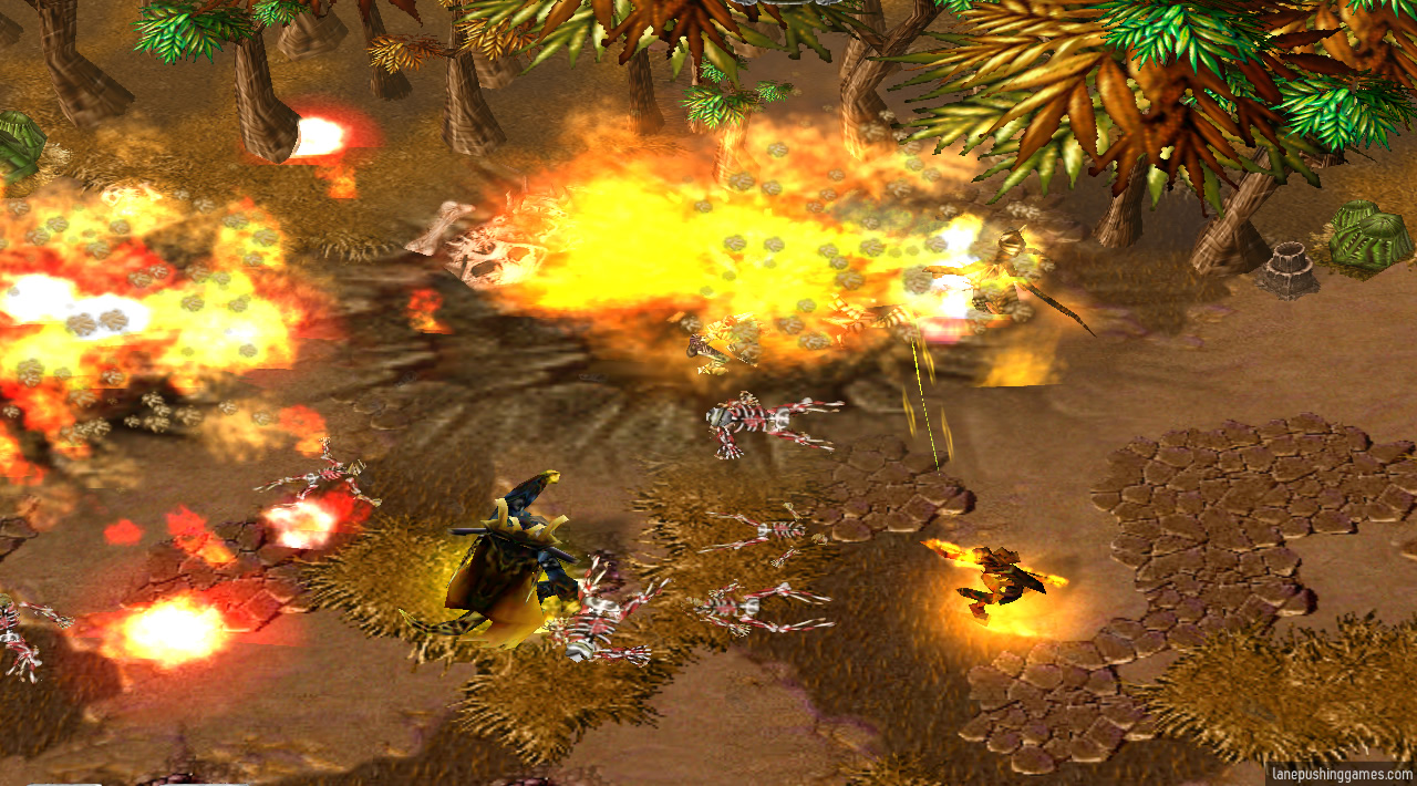 Fire, explosions, and meteors cover half the screen while two orange-glowing heroes make attack gestures