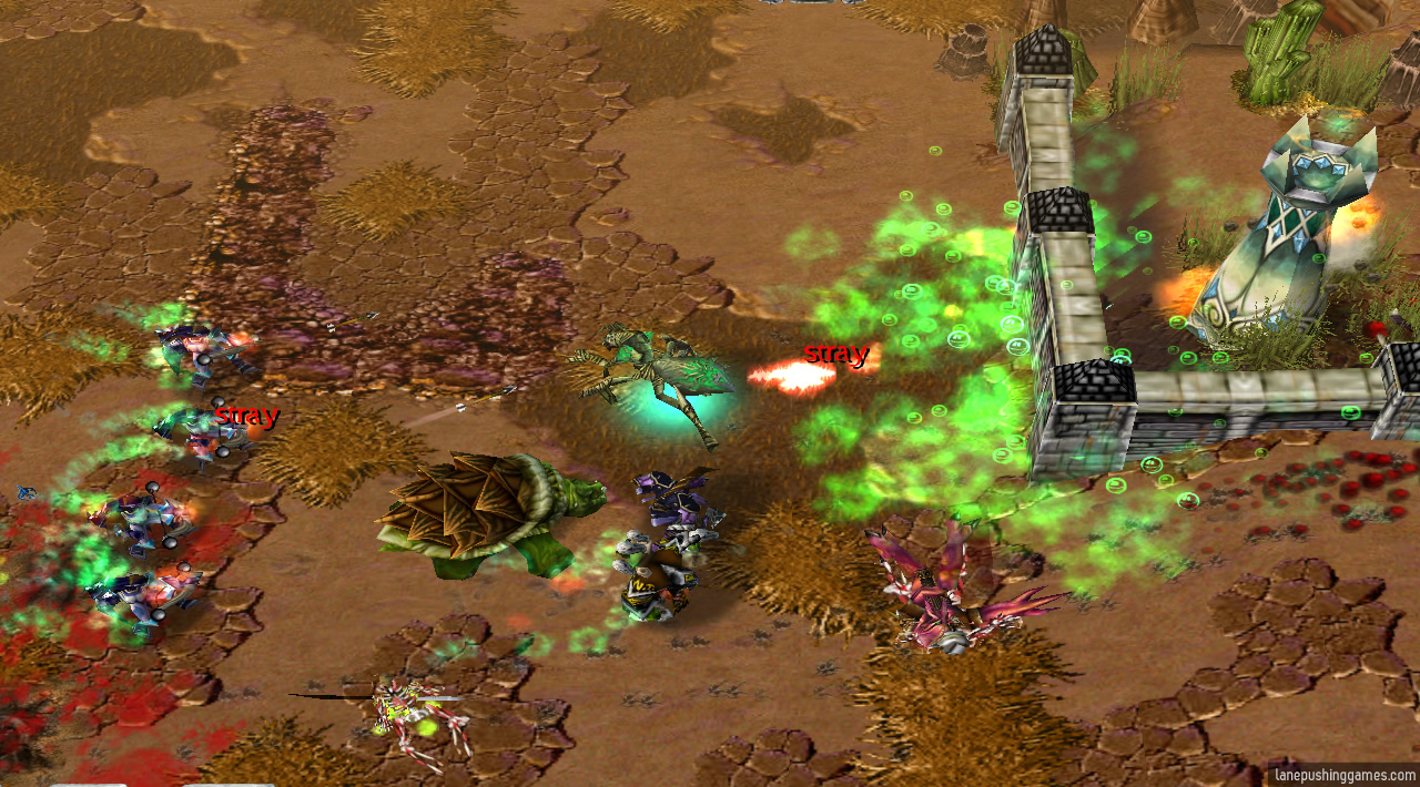 Several spider-like creatures attack a tower from a long distance, while other troops and heroes provide support