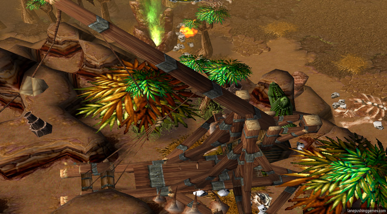 An enormous wooden trebuchet is seen inaccessibly on a desert cliff edge