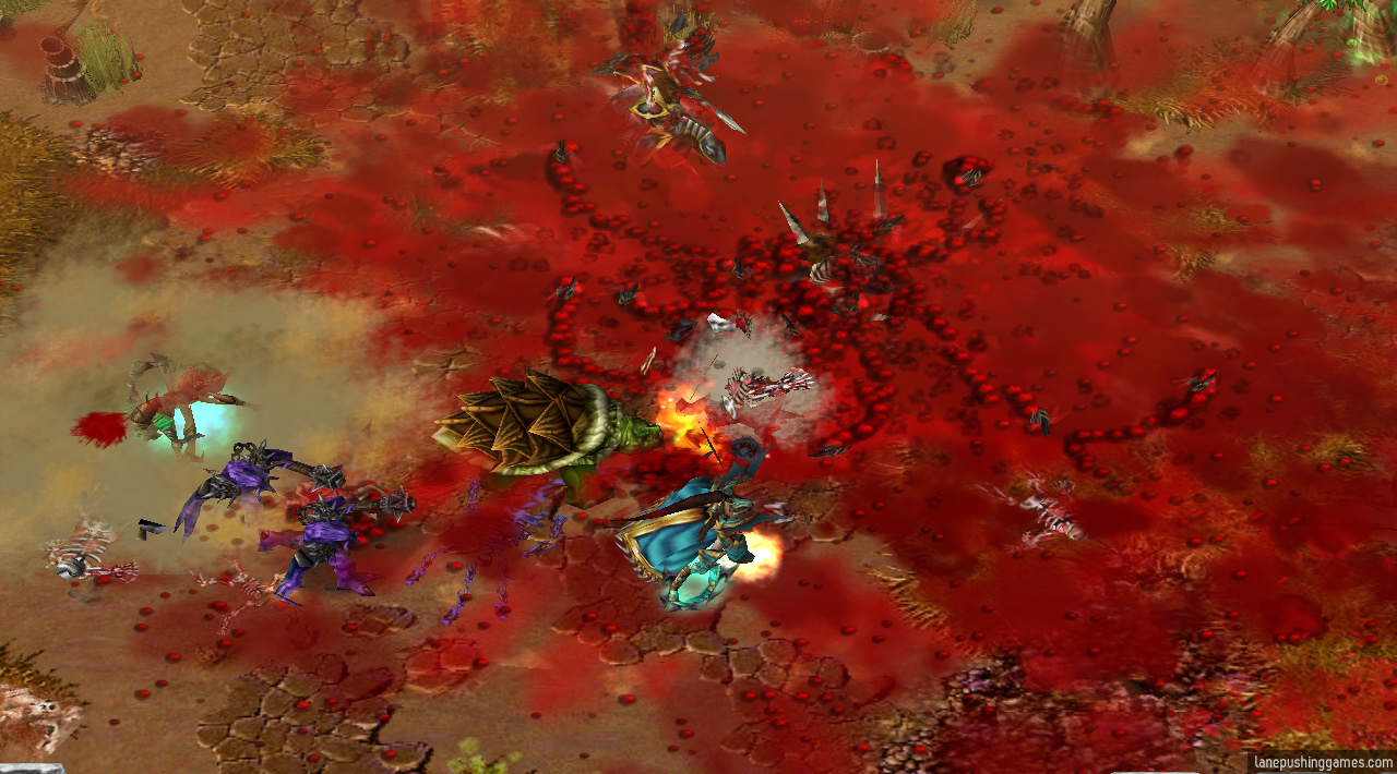 80% of the ground is plastered with varying shades of bloody red, while fresh explosions of guts continue to rain more