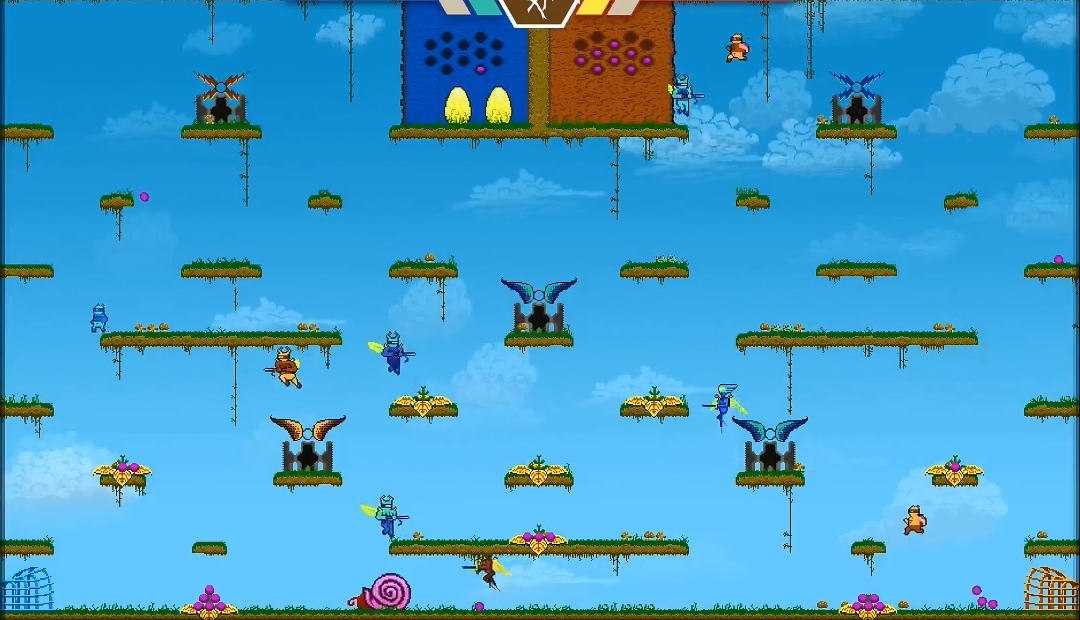 A single-screen 2D platformer level, with small blue and orange characters hopping around.