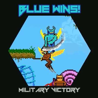"Blue Wins!" The game has paused as the final blow is delivered, and screen has shrunk to a small window, captioned "Military Victory"